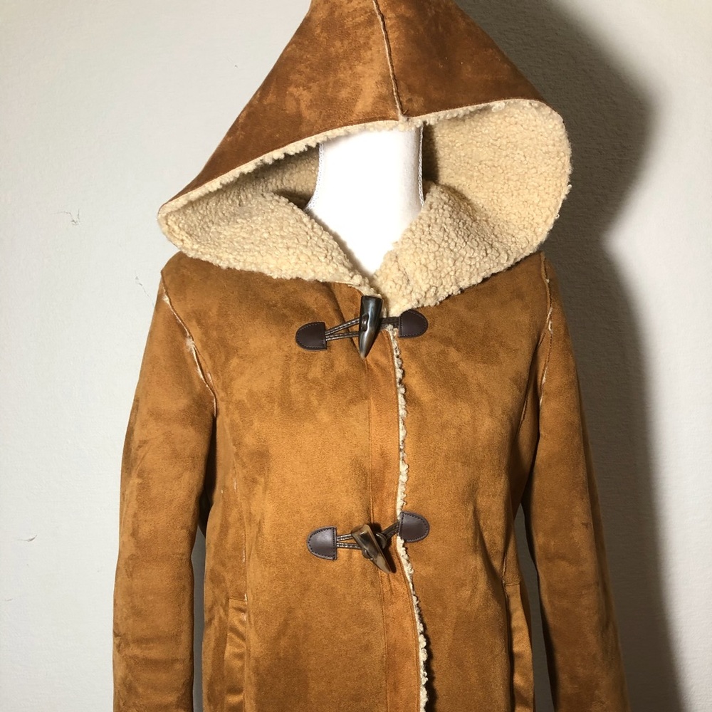 Suede coat with fleece liner and hood - EUC